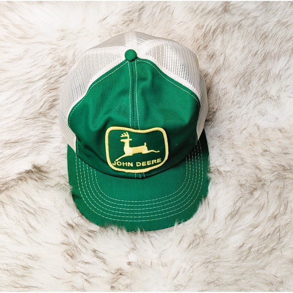 Vintage Green & White John Deere Trucker Hat Classic Jumping Deer Patch OS